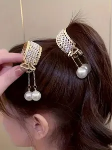 Y2K Rhinestone Faux Pearl Hair Clip, High Ponytail Clip, Metal Hair Clip, Elegant Hair Accessory for Women