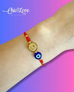 San Benito Bracelet, 18K Gold Plated Beads, Blue Evil Eye Lampwork , Adjustable Red Nylon Cord.