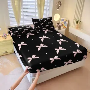 Black and pink butterfly bow print fitted sheet set, Decorative bedsheet sets, Includes 1 Fitted Sheet & 2 Pillowcases, Simple lines with soft pink tones, Multiple styles, bedroom decor, For gifting or personal use