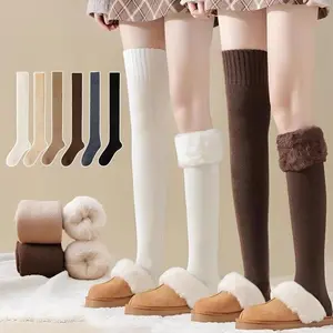Womens Fleece Lined Over-the-Knee Socks Thicken Solid Color Thigh-High Stockings Polyester Material Upper Circumference 55cm Total Length 60cm Stretch Length 80cm Thighhighs Womenswear