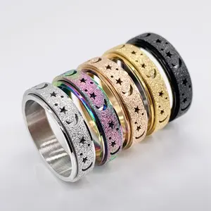 Stars Moon Spinner Ring women Titanium Steel Worry Ring, Meditation Ring Fidget