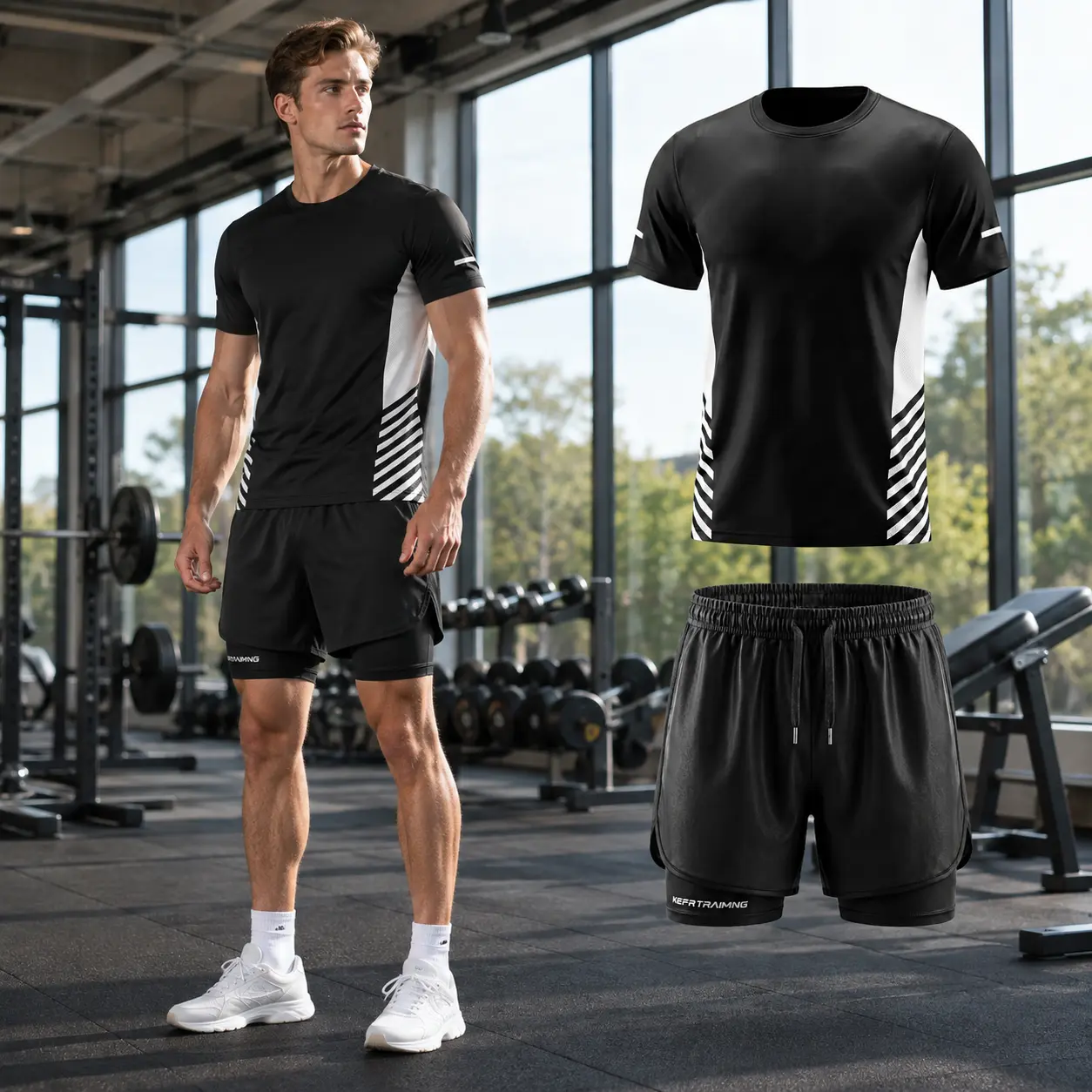 Men's 2 Piece Sports Set, Lightweight Gym T Shirt and 2 in 1 Athletic Shorts with Compression Liner Pocket for Fitness Running