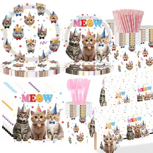 133 Pcs Cute Cat Meow Party Supplies Set, Disposable Kitten Themed Tableware with Plates, Cups, Napkins, Cutlery, Straws & Tablecloth, Kitty Birthday Decor for Kids, Pet Lovers