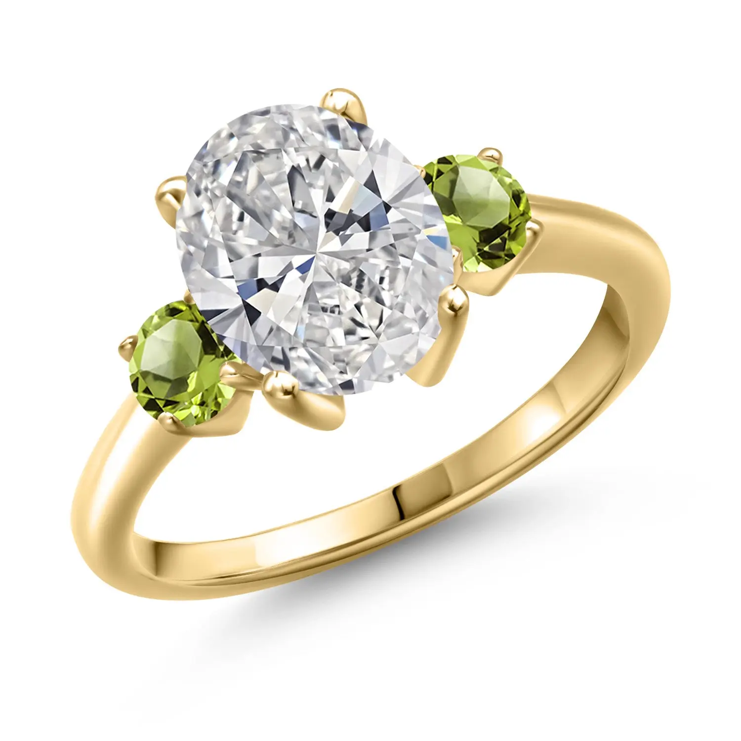 2.60 cttw IGI Certified Lab Grown Diamond and Green Peridot 3-Stone Engagement Ring For Women | 18K Yellow Gold Plated Silver | Center 2.00 Ct Diamond | D-E Color | VS1-VS2 Clarity