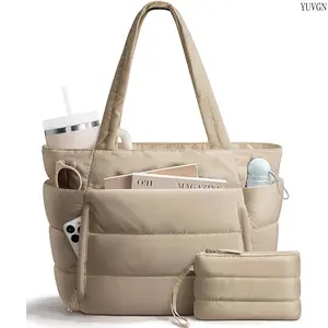 Black Puffer Tote Bag with Matching Pouch, Large Capacity Quilted Shoulder Purse, Multi-Pocket Lightweight Tote for Work, School, Travel & Daily Commute