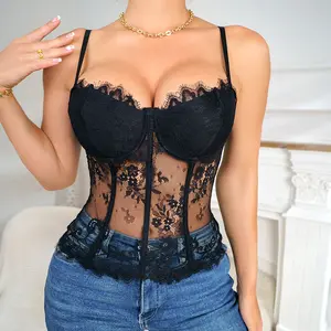 Euro-American Style Sheer Lace Corset Camisoles (Black/White): Ditch basic layering pieces-sexy & chic for date nights, club outings & blazer layers # CorsetCamisole # SheerLaceFashion # EuroAmericanStyle. # ClubOOTD # DateNightFit