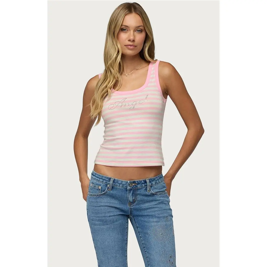 Edikted Women's Angel Glow Rhinestone Striped Tank Top
