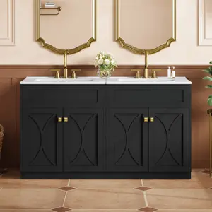 60'' Bathroom Vanity with Ceramic Sink Combo, Modern Freestanding Storage Cabinet  with Gold Handles,  Soft Closing Doors
