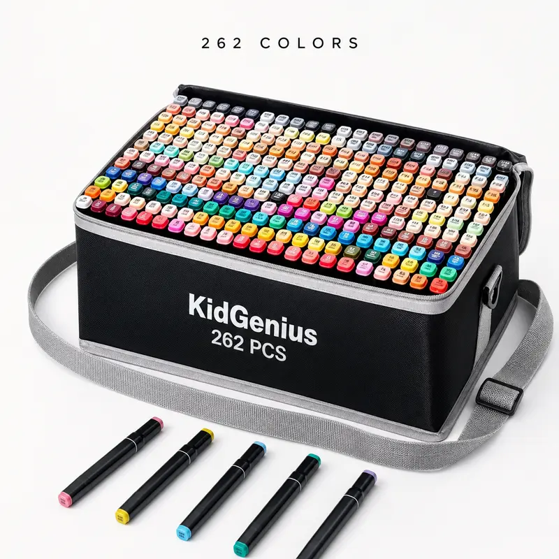 KidGenius 168-Count Double-End Permanent Markers Set with Carrying Case - Waterproof, Drawing Art Supplies, Markers for Coloring, Perfect Gift for Holidays & Artistic Use