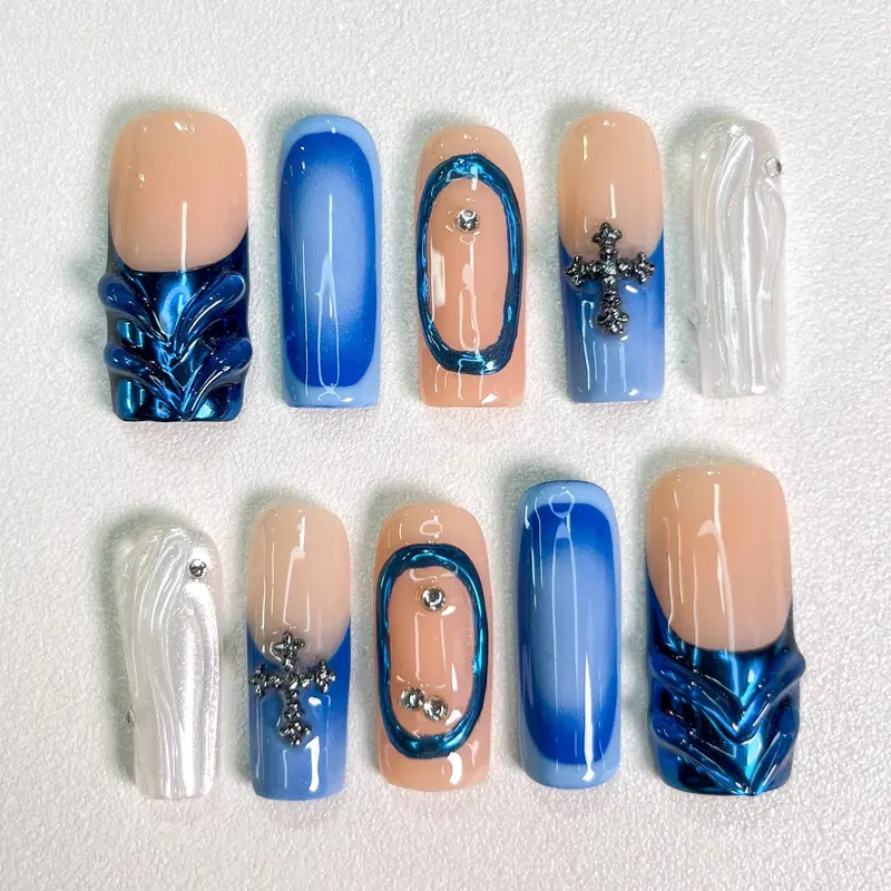 Alice WonderNails – Blue Chrome Cross Press-On Nails | Abstract 3D Swirl Nail Art with Silver Gem Accents | Handmade Long Coffin Nails – AW297