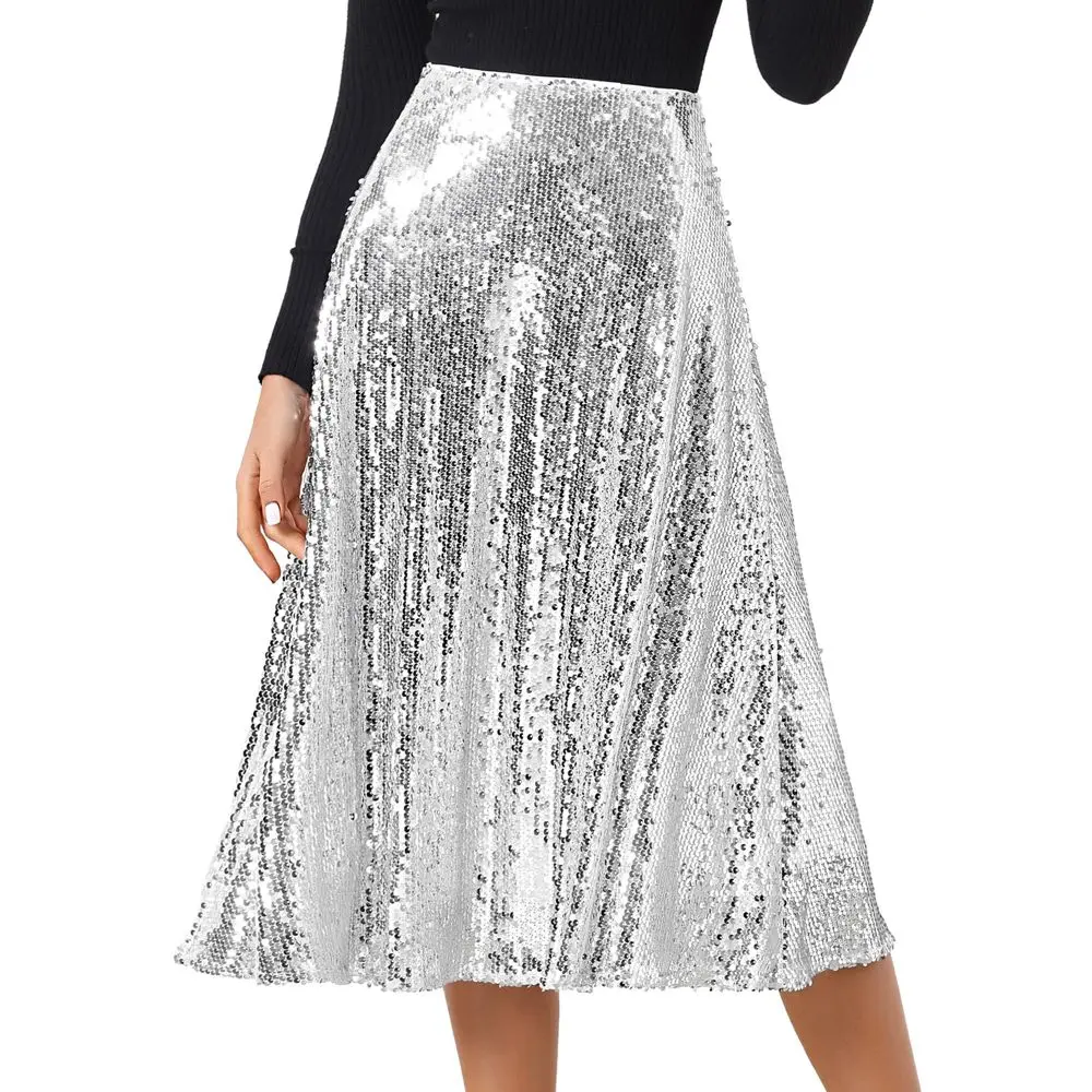 INSPIRE CHIC Women's High-Waist Sequin Polyester Midi Skirt - Light Fabric, Zipper Closure, Ideal for Cocktail Parties, Silver, Small (Pair with Matching Tops), Bottoms, Garment
