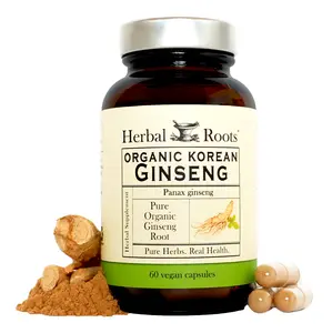 Herbal Roots Korean Ginseng Panax 1000mg 60 Vegan Capsules Organic Pure Root Powder for Energy & Immune Support