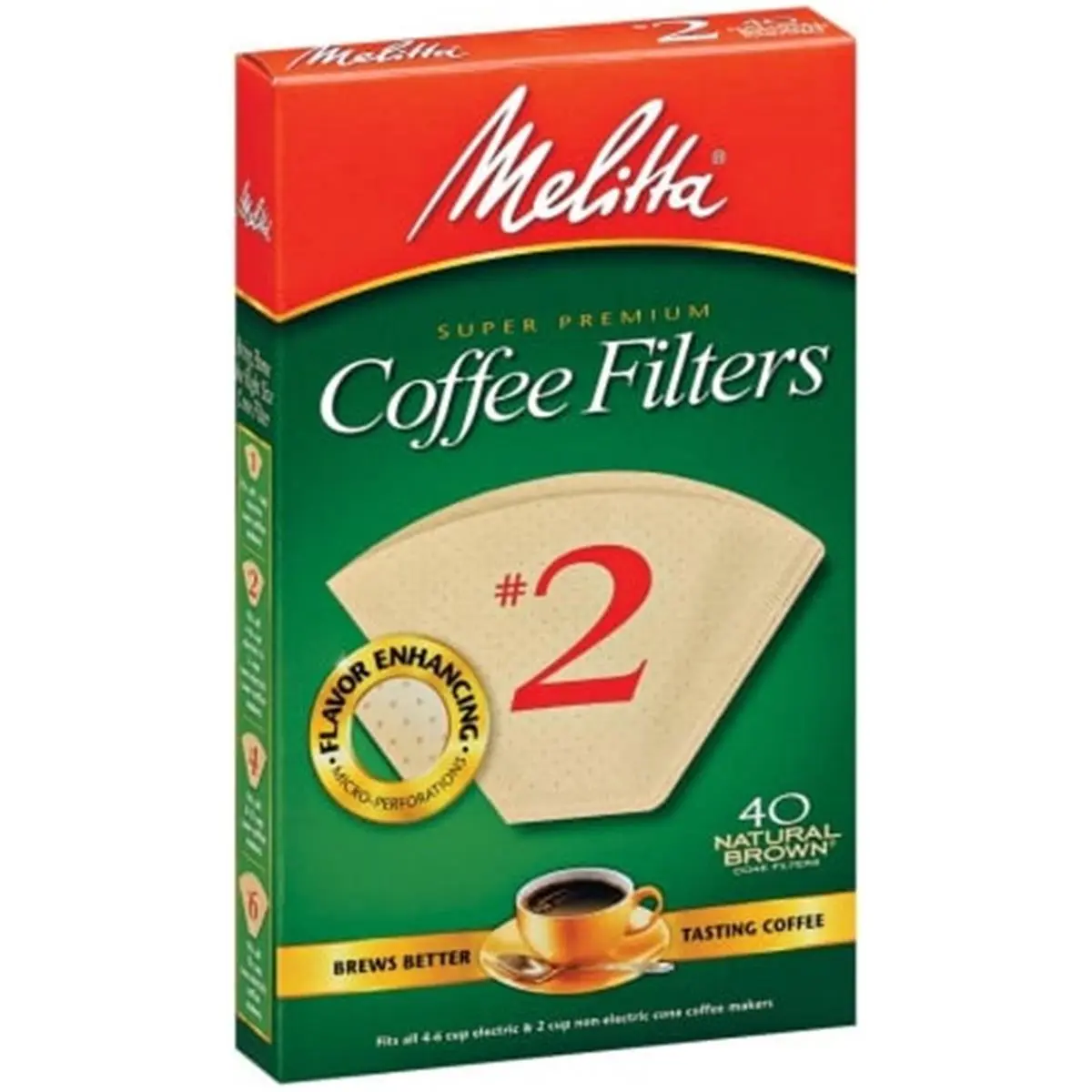Melitta No. 2 Natural Brown Cone Coffee Filters, 40-Count, Double Crimped Design with Flavor Enhancing Perforations for Camping and Hiking, Flavor Boost, Micro Fine Flavor Enhancing Perforations