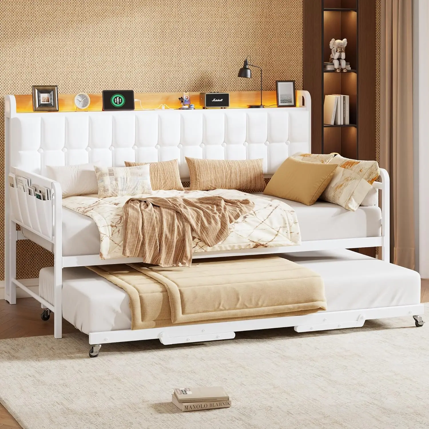 Upholstered Twin Daybed with Pull-out Trundle, Storage Headboard, LED Lights and Built-in Charging Station, Sturdy Metal Slat Support, Multi-toned Design for Bedroom, Living Room and Guest Room