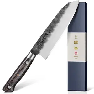 KanngouSaku 7" Santoku — Black-Forged AUS-8 Blade, Full-Tang Pakkawood Handle | Gift-Ready Chef Knife for Home Cooking Vegetable Steel Utensils Cutting