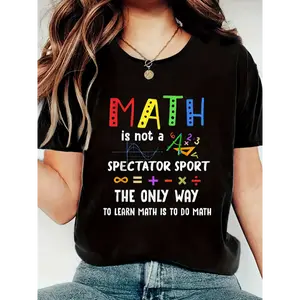COD Women's Math Themed Graphic Print T-Shirt - Black Short Sleeve Crew Neck Casual Top With Bright Equations And Symbols, Lightweight Summer Spring T-Shirt For Teachers And Math Lovers, Fun Design Shirt | Comfortable Fit  Cotton Streetwear Womenswear Eve