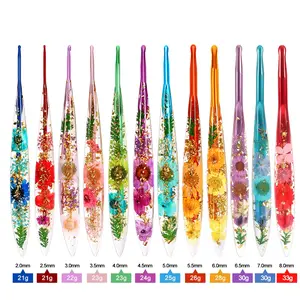 Ergonomic Crochet Hook with Floral Handle, 2.0mm-8.0mm, Non-Slip Long Shaft, 12 Sizes Colorful Aluminum Hooks, Ideal for Knitting, Crocheting, DIY Projects