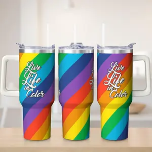 LHIEIAYH 40oz Insulated Travel Mug Rainbow Design Keeps Drinks Hot Cold for Hours Perfect for Daily Commuting Leak Proof Durable Includes Bonus Straw Set Live Life in Color L/G/B/T