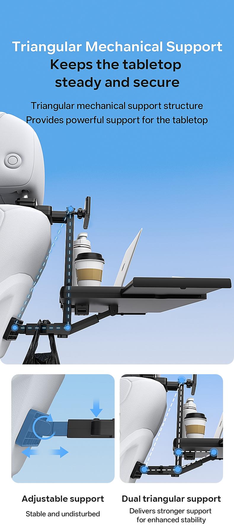 Multi-Use Car Back Seat Tray Bracket, Extendable Adjustable, Foldable Easy Install 10kg Sturdy Support, Space-Saving Mobile Office for Remote Workers, Fits Cup Phone Laptop, for Students Travelers