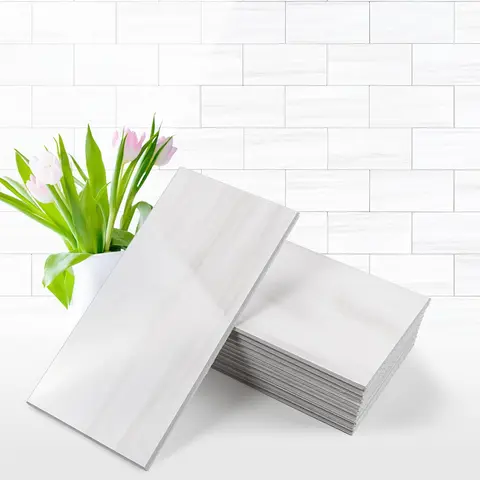Vamos Tile 100-Piece Glossy Wooden Marble Grain Peel and Stick Backsplash Tile,3''x6'' PVC Subway Tile with White Grout, Stick on Backsplash for Kitchen/Bathroom/Fireplace