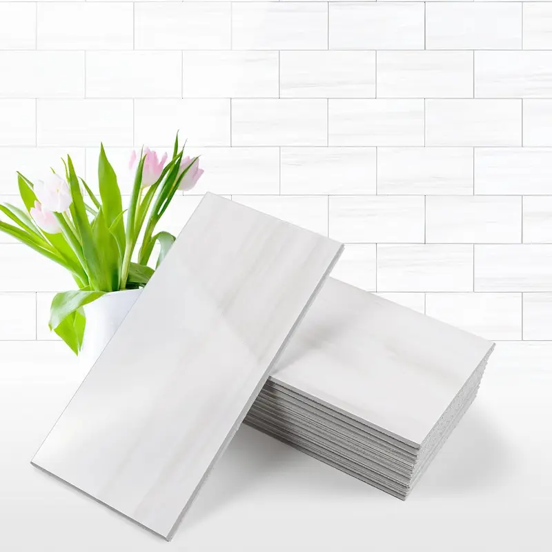 Vamos Tile 100-Piece Glossy Wooden Marble Grain Peel and Stick Backsplash Tile,3''x6'' PVC Subway Tile with White Grout, Stick on Backsplash for Kitchen/Bathroom/Fireplace