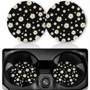 Daisy Flower Car Cup Holder Coasters - 2-Pack EVA Non-Slip, Washable, Universal Fit Auto Interior Accessories for Women