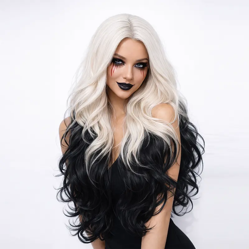 ZIHAN-Long Body Wave Hair Two-Tone Black & White Wigs Synthetic Fiber Hair Wigs for Women For Every Party Halloween Wig COSPLAY