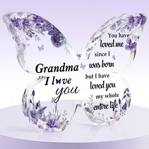 Mothers Day Gift for Grandma Acrylic Plaque Purple Butterfly Shaped Decor for Grandma Grandmom Retirement Easter Birthday Christmas Thanksgiving Day Gift from Granddaughter Grandson Grandkids
