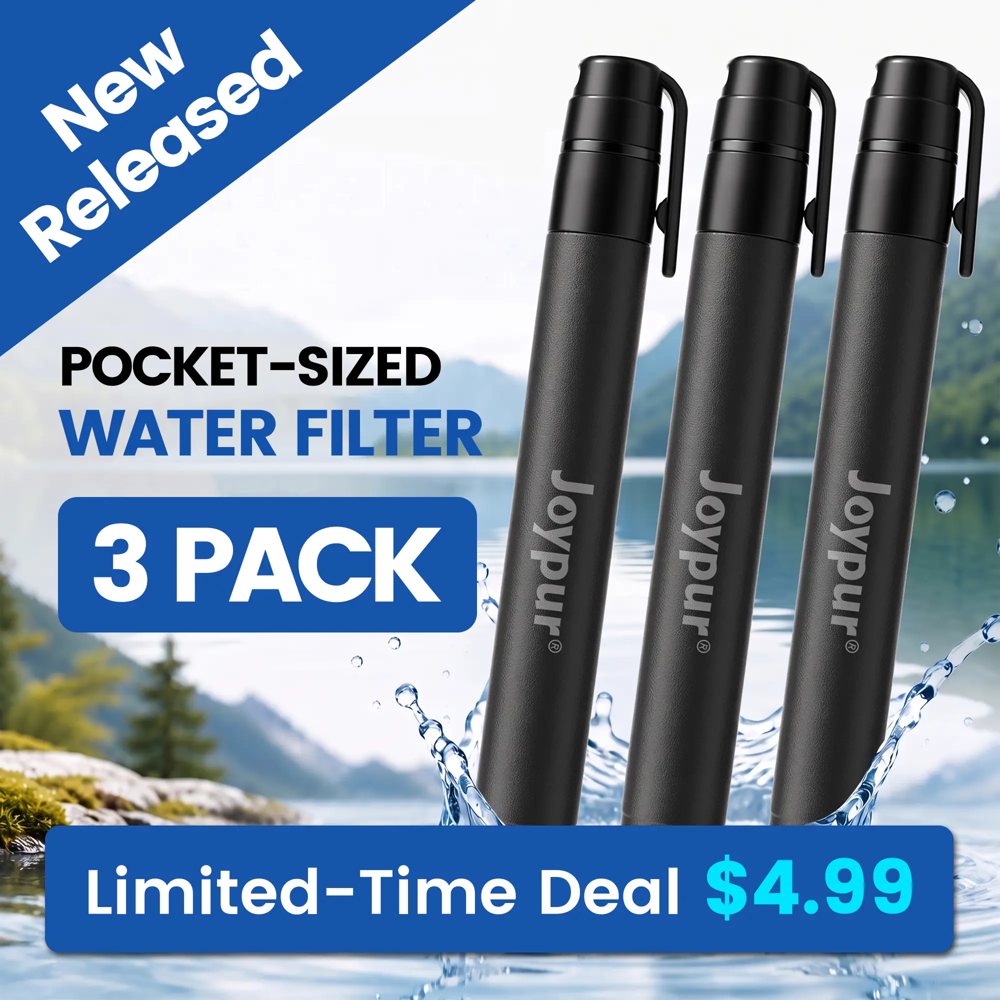 [Super Deal] 3-Pack Portable Water Filter Straws for Camping, Hiking, Backpacking, Travel & Emergency Preparedness Kits, Pocket-Sized, Black