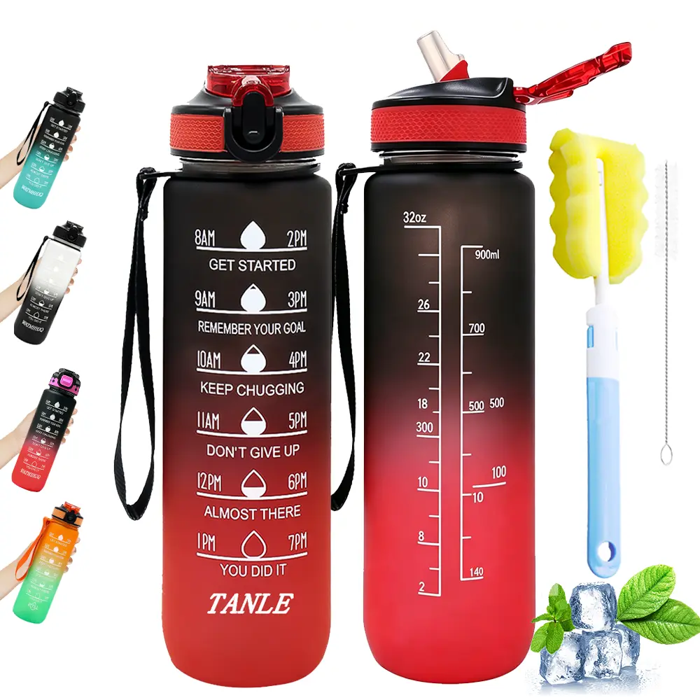 Mumutan 32oz Sports Water Bottle - BPA-Free Drinkware,Drop-Resistant Polycarbonate Reusable Leakproof, Straw-Included, Drinking Time Markers, Capacity Labels, Fruit-Compatible, Fitness Quotes, Carrying Loop (Black Red, Gym Use, Daily Hydration)