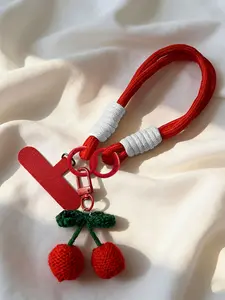 Hand-knitted Cherry-patterned Phone Lanyard Wrist Strap Keychain-Pink Red Knitted Cherry Phone Lanyard with Strap Tab Crocheted cherry Bag Charm Cherry Knitted Phone Strap Phone Accessories Charms Phone Bracelet Fits Most Phone Cases Anti-Lost CherKeyring