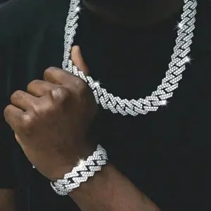 2-Piece Set Rhinestone Cuban Chain Necklace Bracelet Set, Unisex Street Party Jewelry, Bold Design for Men and Women
