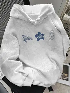 Women's Turtle Flower Conch Print Hoodie, Drawstring Shoulder Slouchy Sleeves, Casual Loose-Fitting Sweatshirt for All Seasons