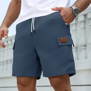 Menswear Men's Cargo Shorts - Multi-Pocket Design, Leather Patch Detail, Elastic Drawstring Waist, Casual Loose Fit for Outdoor & Daily Wear