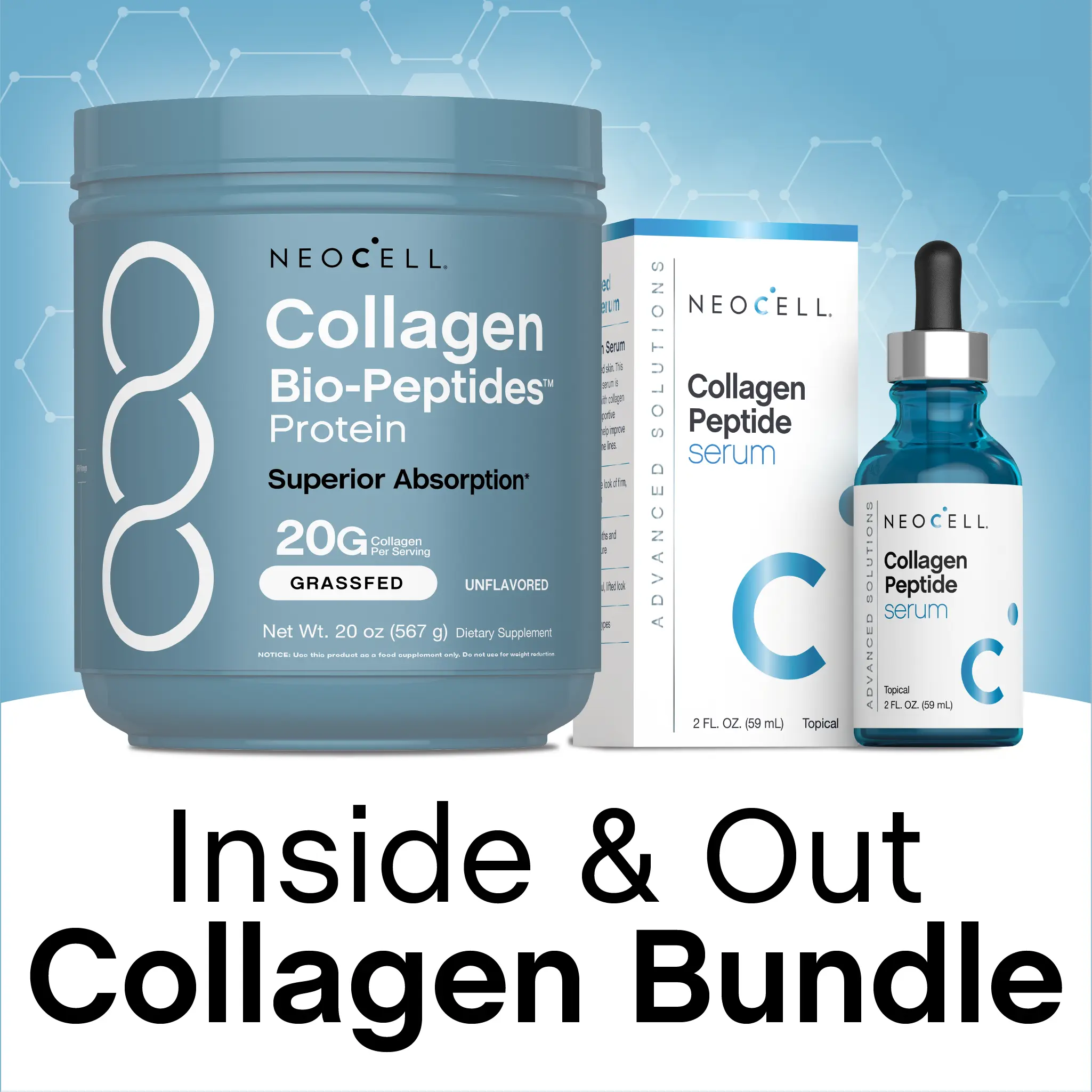 Inside & Out Collagen Bundle: NeoCell Collagen Bio-Peptides Powder 20oz & Collagen Peptides Serum Inside & Out Collagen Bundle: NeoCell Collagen Bio-Peptides Powder 20oz & Collagen Peptides Serum