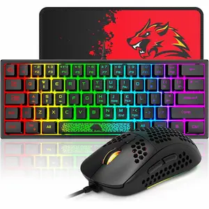 60% Wired Gaming Membrane Keyboard and Mouse Combo Mini RGB Backlight and RGB 6400 DPI Honeycomb Optical Mouse,Gaming Mouse pad for Gamers and Typists