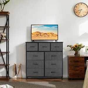 Scandinavian TV Stand Dresser! Modern 9-Drawer Storage w/ Steel Frame & Wood Top - Slim Media Console for Bedroom/Living Room,  Minimalist Gray Design