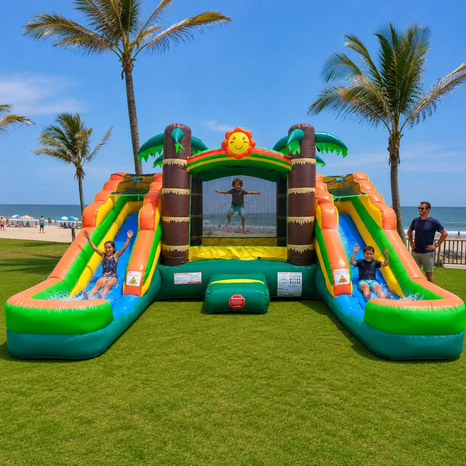 Pogo Bounce House Inflatable Jump Castle Dual Water Slide, Pools, Tropical | Heavy-Duty 15oz Vinyl in Stress Areas, Jump Bouncer Double Waterslide Combo w/ Blower, Stakes, & Storage Bag, 500lb Capacity