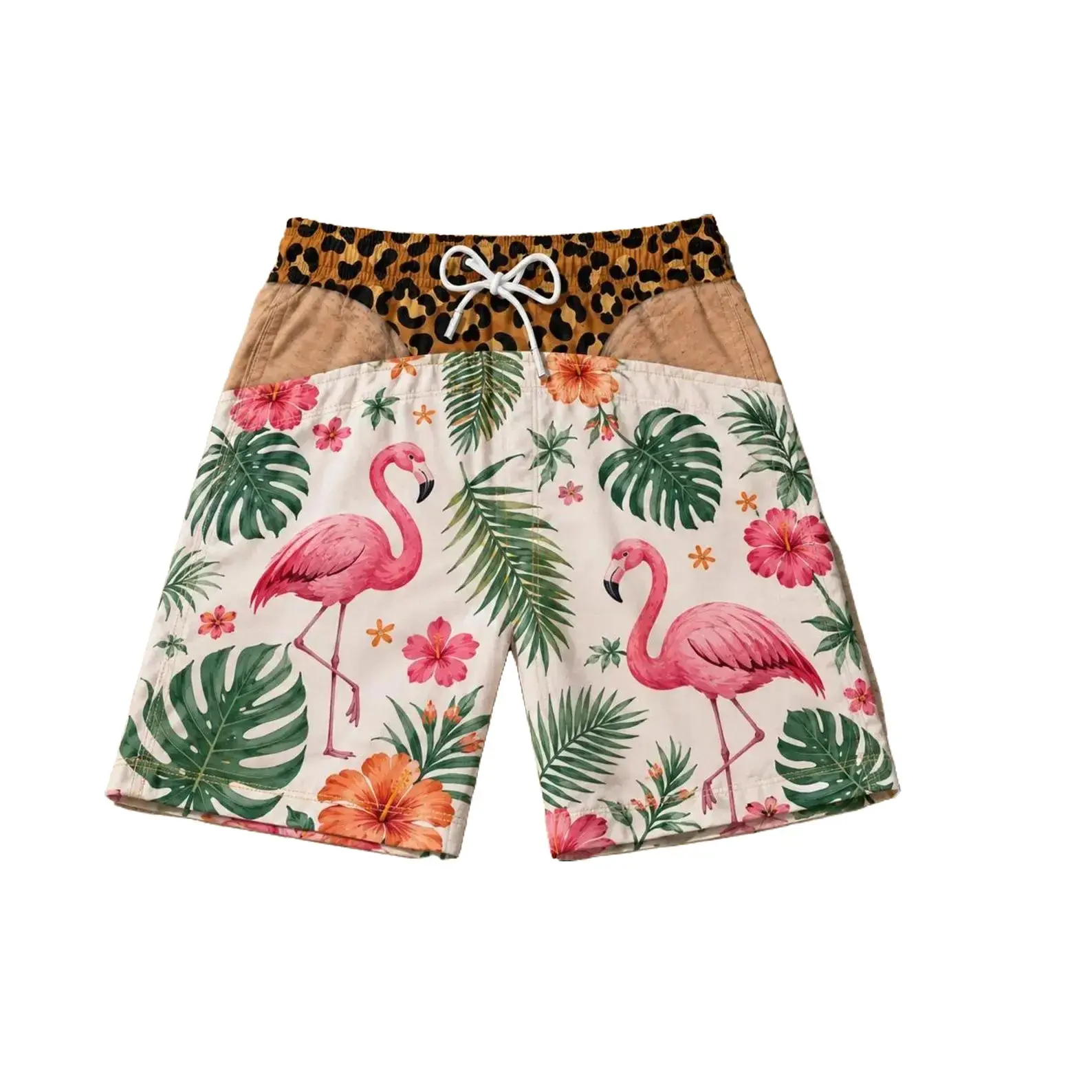 Men’s Tropical Print Shorts – Flamingo & Sunset Palm Designs, Elastic Waist Drawstring Casual Summer Beach Shorts
