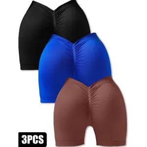 3 Pack Gym Cycling Elastic Tight Breathable V-Shaped Hip Sports Shorts New Nylon Yoga Solid Color Seamless Yoga Shorts Does not apply