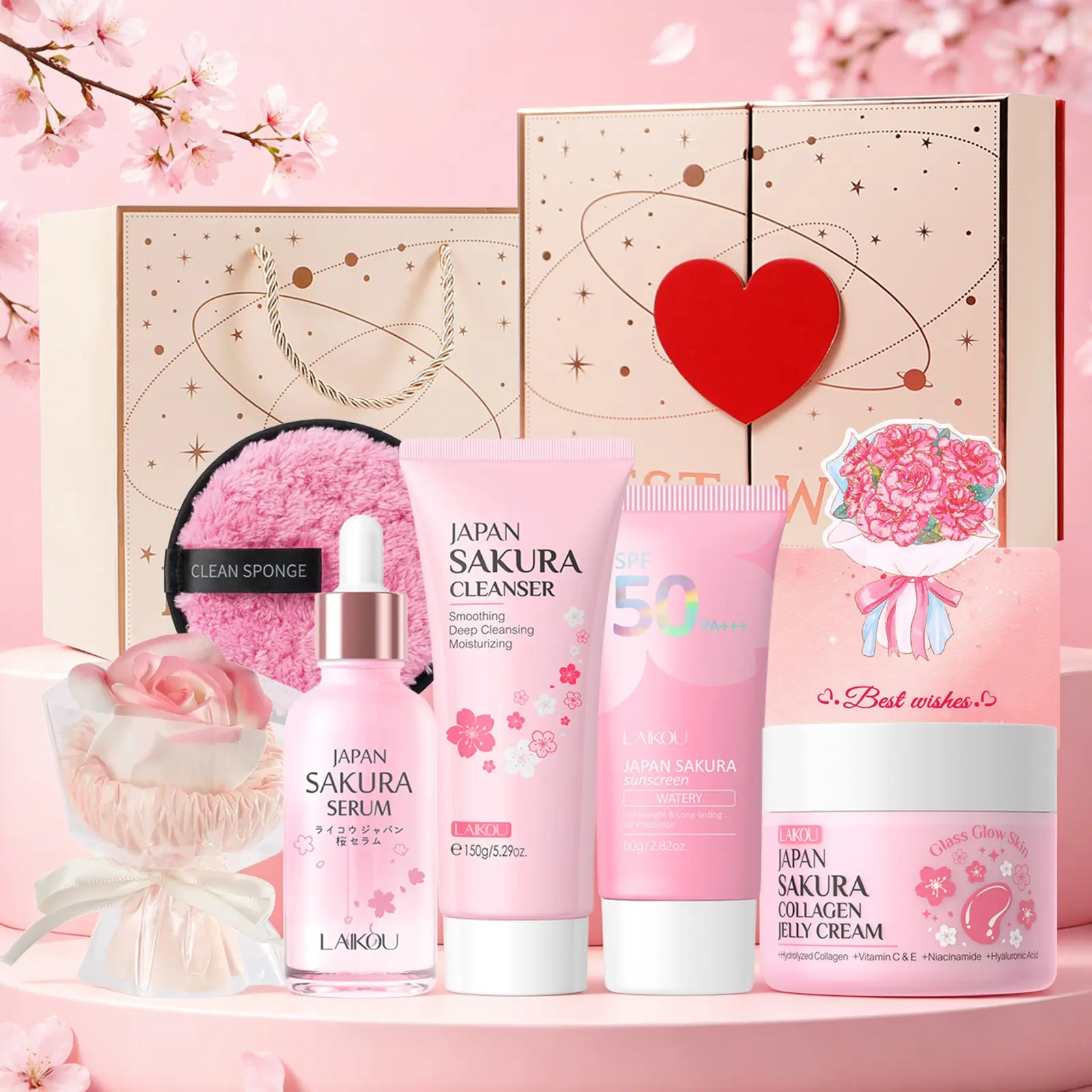Luxury Birthday Gift Set for Women - LAIKOU 8Pcs Sakura & Collagen Skincare Box with SPF 50 Sunscreen, Jelly Cream, Toner Pads & Cleanser - Includes Premium Double-Door Pink Gift Bag, Flower Bouquet & Carnation Card
