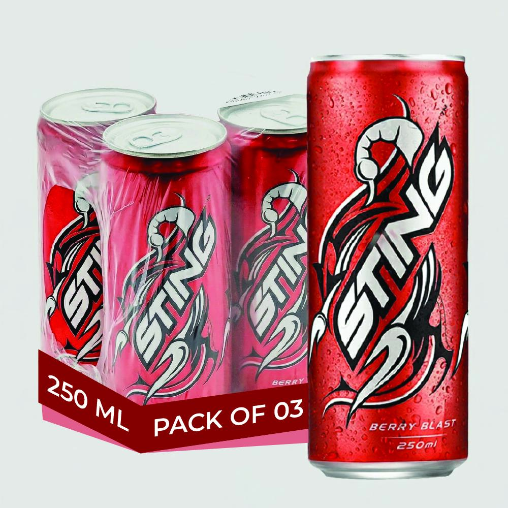Sting Strawberry Energy Drink Pack of 3 (250ml Each) – Carbonated Energy Beverage, Refreshing Berry Flavor Boost Drink