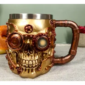 Golden Steampunk Detective Skull Coffee Mug Mechanical Gearwork Pipeline Design