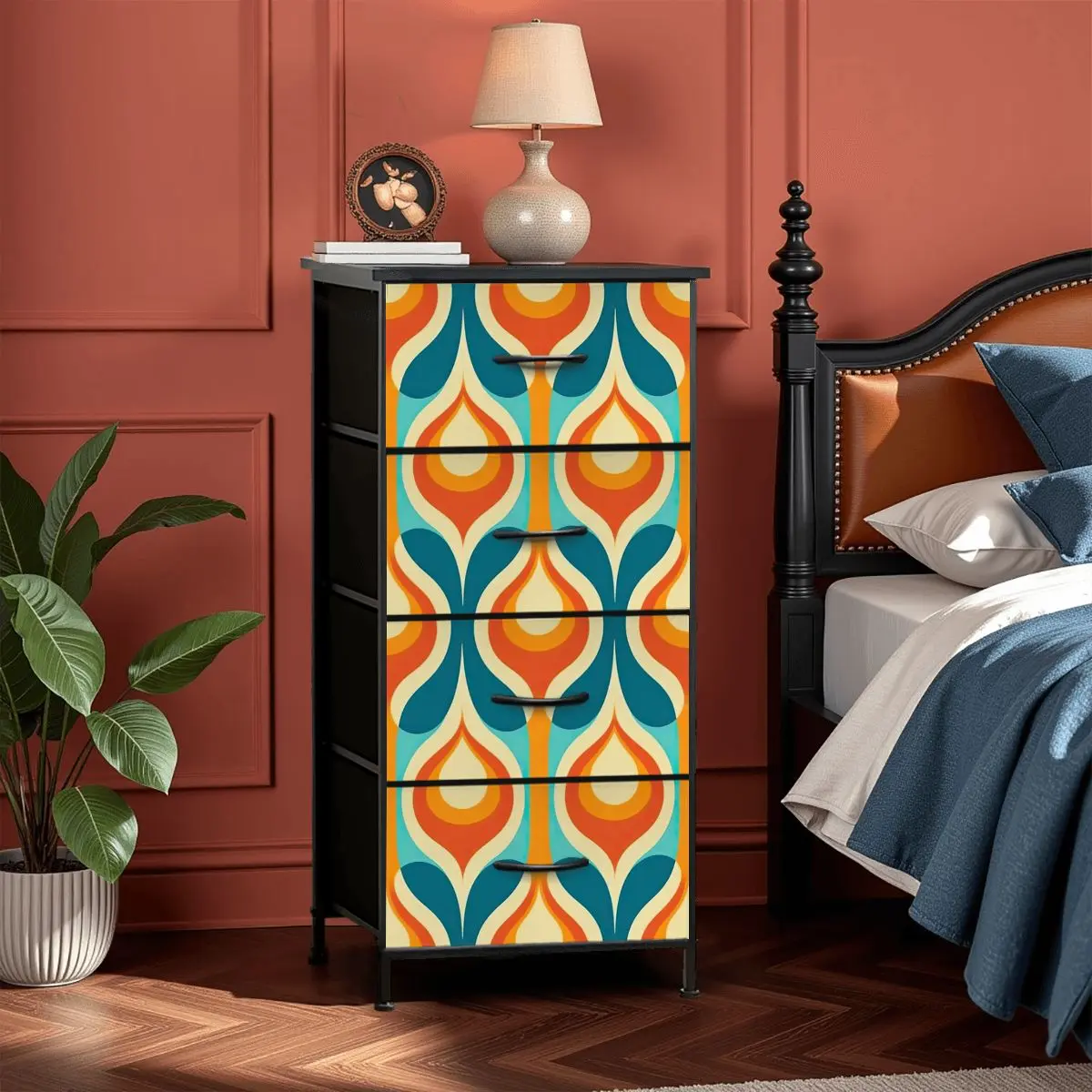 Mid Century Modern Orange Teal Mustard Yellow Retro Mod 4-Drawer Dresser