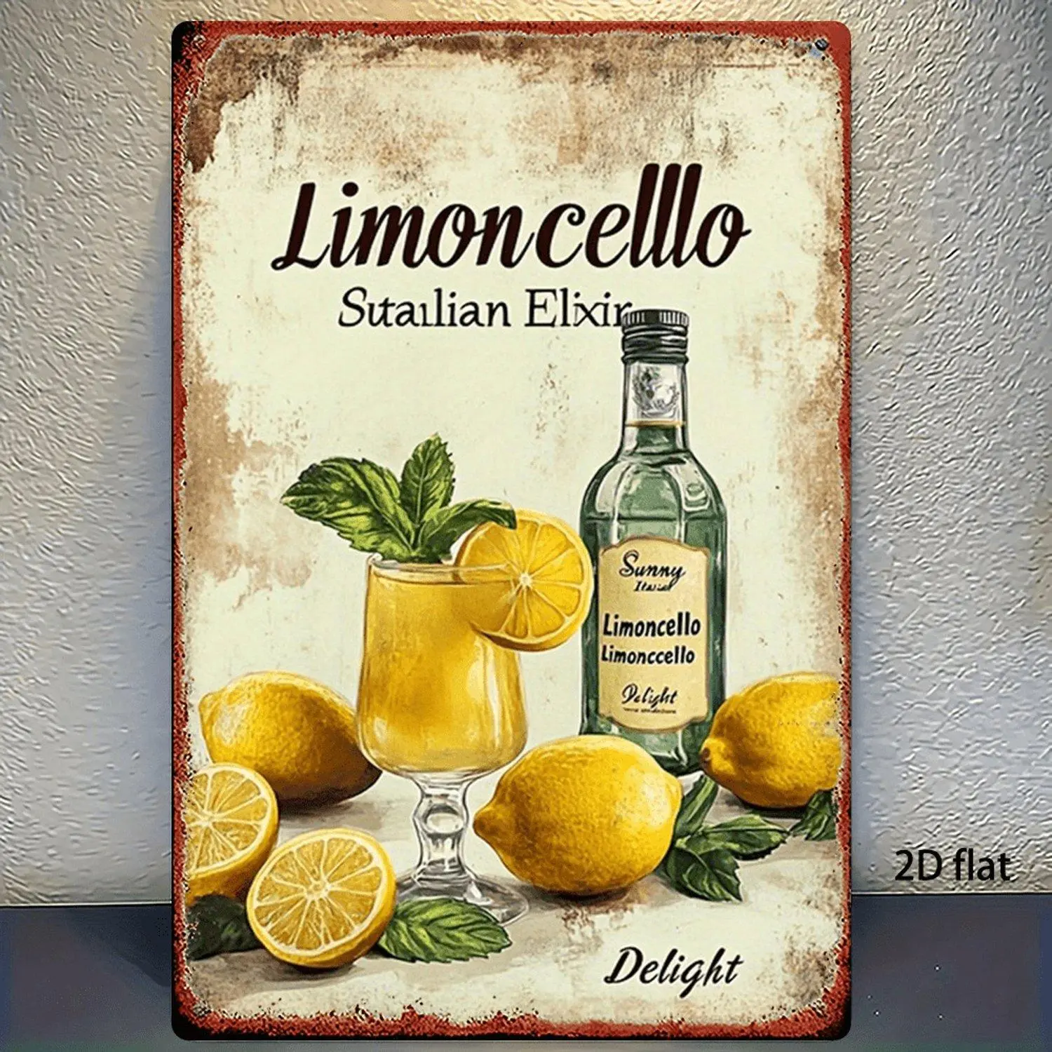 2D Flat -. Vintage Metal Art Sign Lemoncello - 8X12 Inches Featuring a Design of Lemon, Mint, And a Bottle of Lemoncello, Ideal for Home, Bar, Café, And Wall Decor for The Bar | Vintage Wall Art | Wall Plaque