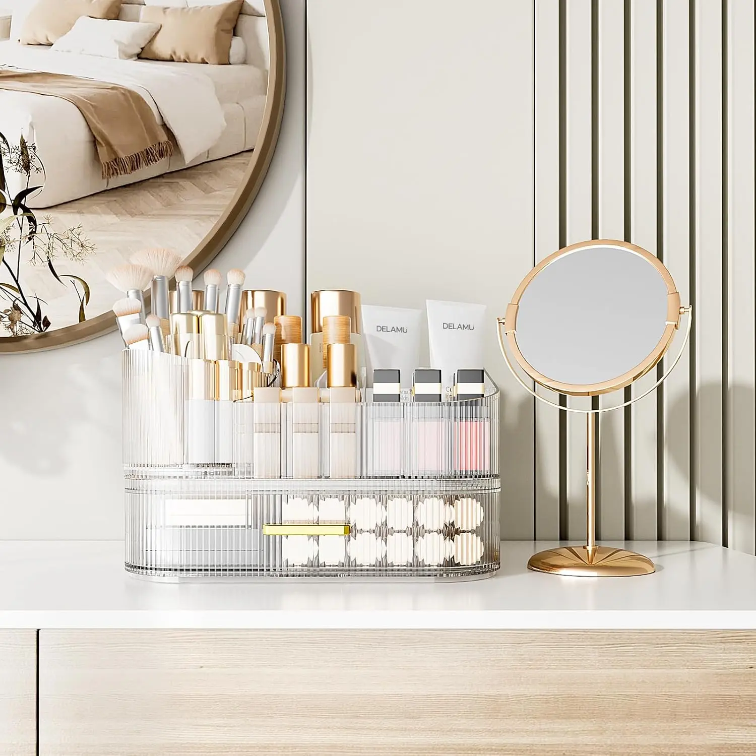 Makeup Organizer with Stackable Drawers 360 Rotating Makeup Brush Holder Large Cosmetic Display Case for Vanity Dresser Bathroom Countertop Skincare Storage Crystal Clear