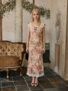 Romantic Cottage Corset Dress-Summer Women Dress lace Pin floral print Casual Womenswear Sleeveless Maxi Wedding Date Birthday Ladies Clothes