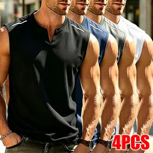 Pack of 4 – Men’s Casual Sports Tank Tops – Comfortable and breathable, reflective stripe design, solid color small V-neck sleeveless T-shirts, suitable for the gym, running, and casual wear