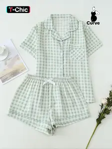 Women's Plus Size Plaid Fitted Pajama Set, Summer Short Sleeve Button Front Top & Bow Shorts, Casual Home Wear Loungewear Nightwear, Comfortable Lightweight Woven Fabric, Homewear
