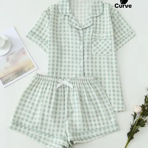 Women's Plus Size Plaid Fitted Pajama Set, Summer Short Sleeve Button Front Top & Bow Shorts, Casual Home Wear Loungewear Nightwear, Comfortable Lightweight Woven Fabric, Homewear, Pyjamas Set